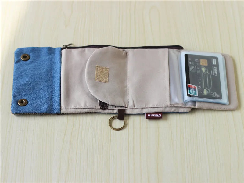 Handmade Three-Fold Fabric Wallet — Short Zipper Purse for Women & Men, Multi-Function Card & Key Holder for Teens