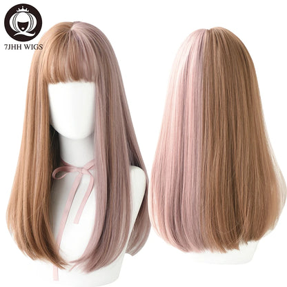 7JHHWIGS Long Straight Light Brown Synthetic Wig with Bangs – Heat-Resistant Daily Wear Wig for Women