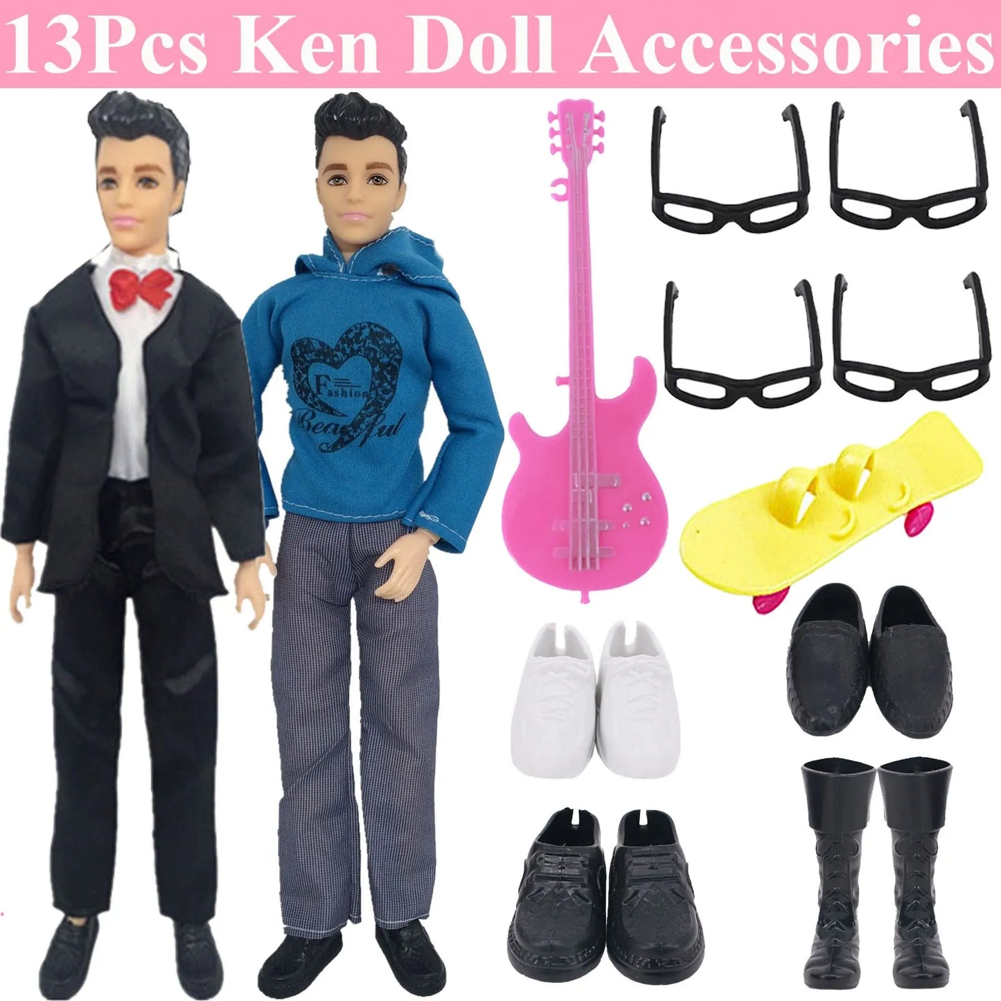 30-Piece Ken Doll Accessories Set — Clothes, Glasses, Shoes, Hangers, Guitar, Skateboard & Headsets for Barbie Dolls, DIY Toy for Girls