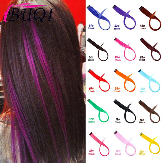 BUQI Straight Clip-In Colored Hair Extensions – Rainbow Synthetic Hair Streaks in Pink, Orange, White & Purple