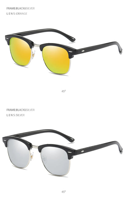 Classic Half Frame Polarized Sunglasses – Retro Rivet Design for Men & Women, Anti-Glare Black Travelling Shades