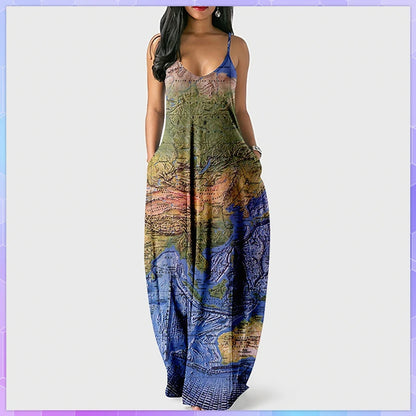 Women’s World Map Beach Dress – Elegant Sexy Long Sundress with Irregular Hem, Sleeveless Spaghetti Straps, Plus Size Summer Dress