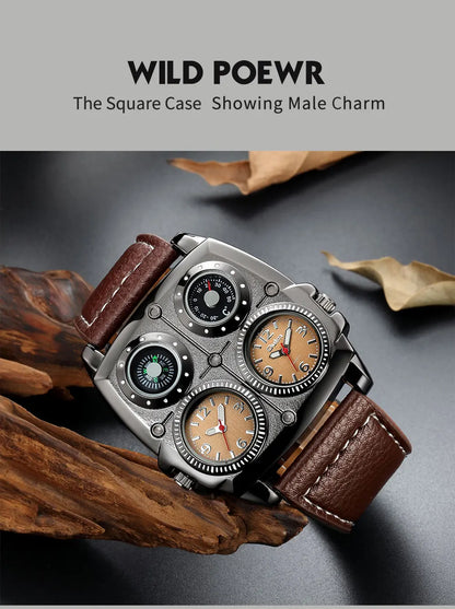 Oulm Men’s Two Time Zone Army Pilot Watch — Large Military Quartz Leather Strap Wristwatch