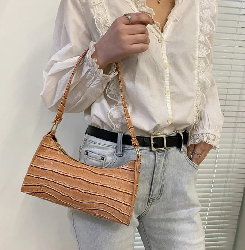 Fashion PU Leather Handbag for Women – Alligator Pattern Small Underarm Messenger Bag & Purse
