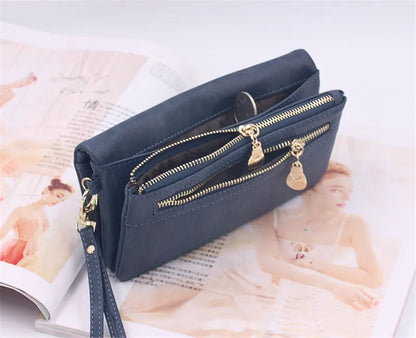 Large Capacity Women's Wallet – Dull Polish Leather, Double Zipper Clutch Wristlet with Phone, Coin & Card Holder Pockets