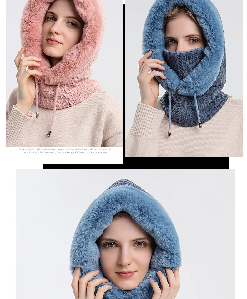 Winter Fur Cap Mask Set – Hooded Knitted Cashmere Neck Warmer, Plush Windproof Balaclava Ski Beanie for Women