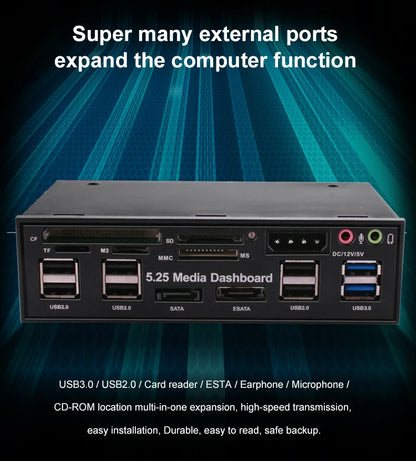 DeepFox 5.25" Media Dashboard Card Reader – USB 2.0/3.0, e-SATA, SATA Front Panel for Optical Drive Bays