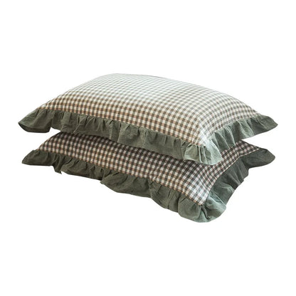 2 Pack 48x74cm Plaid Washed Cotton Pillowcases – Super Soft Ruffled Bedding Covers for Home & Dorm Decor