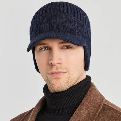 Men's Winter Knitted Hat - Outdoor Cycling Peaked Cap with Ear Protection - Warm Casual Sunhat Bomber for 56-61CM Head Sizes