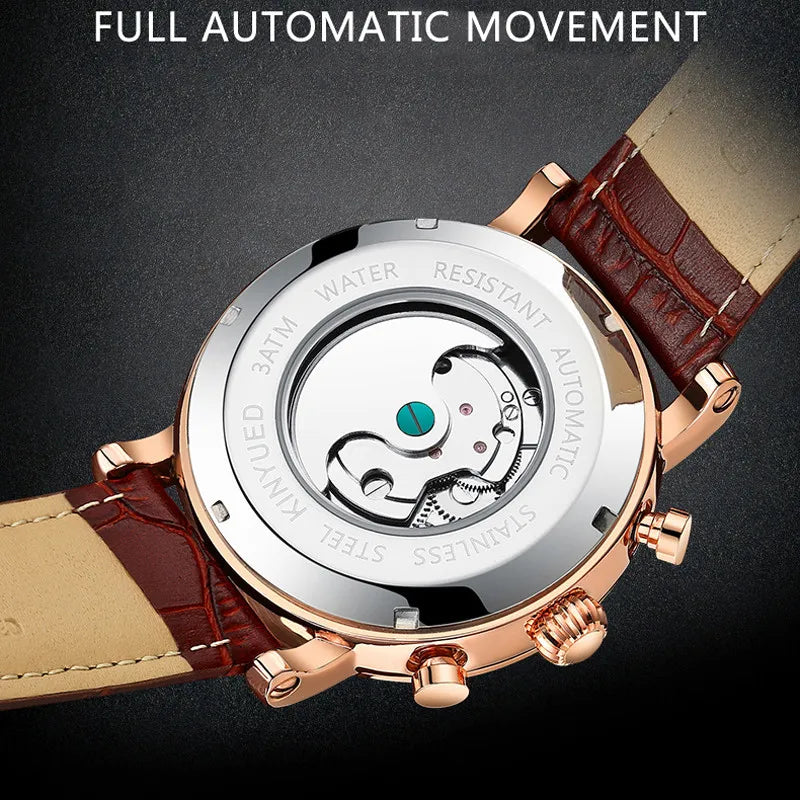 KINYUED Men’s Luxury Rose Gold Skeleton Tourbillon Automatic Watch – Waterproof Mechanical Wristwatch
