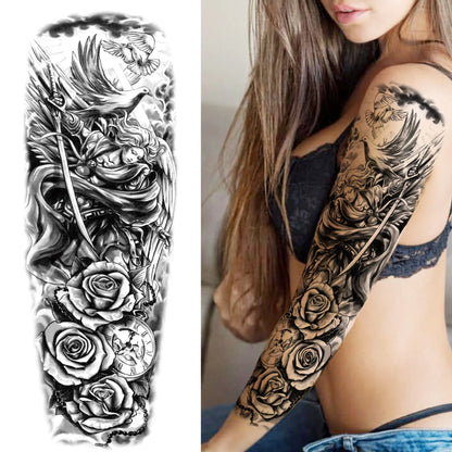 Temporary Tattoo Sleeve - Realistic Full Arm Skull Angel Maori Design Tattoo Sticker for Men & Women