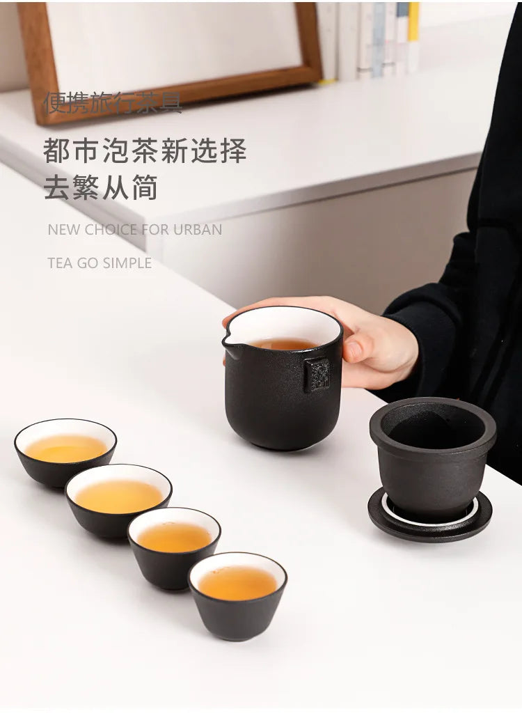 HMLOVE Ceramic Teapot Set – 1 Pot & 4 Cups Chinese Kung Fu Gaiwan with Strainers, 260ML Portable Travel Teaware Gift for Business