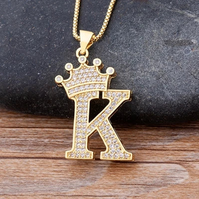 Nidin Luxury A-Z Crown Alphabet Pendant – Copper Zircon Initial Necklace Chain, Hip-Hop Style Jewelry for Men & Women