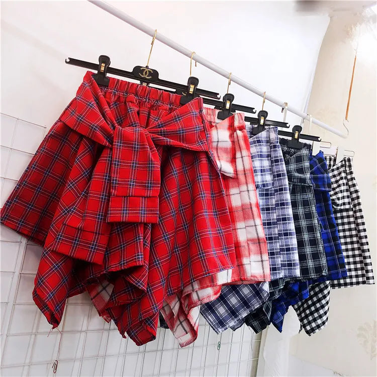 TOTRUST Women’s Fashion Asymmetrical Summer Plaid Mini Skirt – Casual College Style Fake Shirt Design