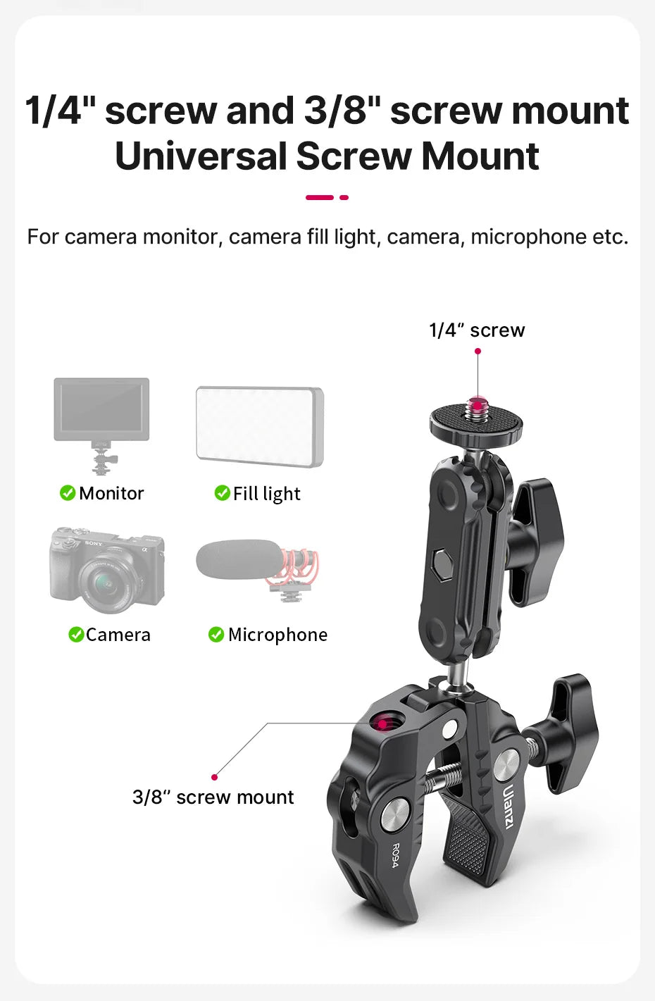 Ulanzi R094 Metal Super Clamp with 360° Ball Head Magic Arm, 1/4" & 3/8" Holes for DSLR Camera, Monitor, Light, Mic, and Rod Mount