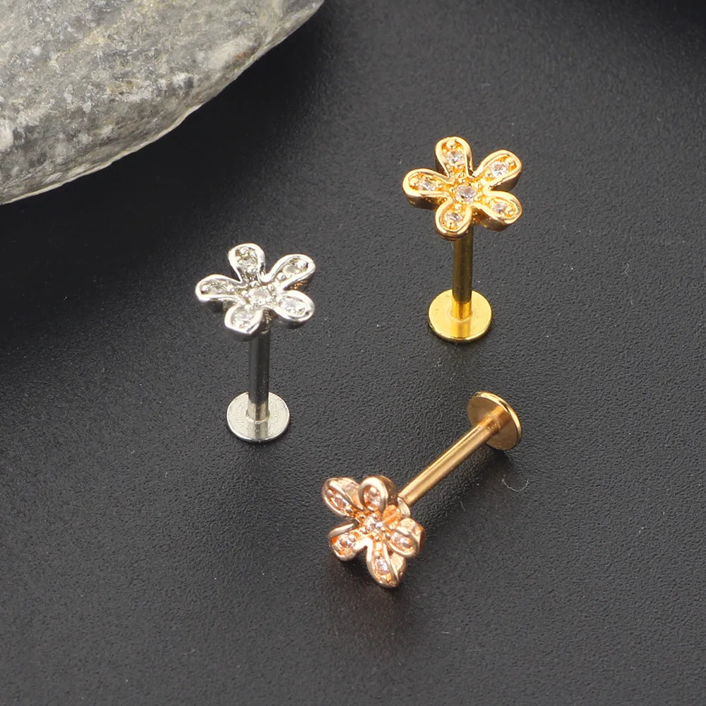 Crystal Flower Tragus Piercing Earring – 16G Cross Cartilage, Helix, Conch, Rook, Lobe & Labret Stud Jewelry