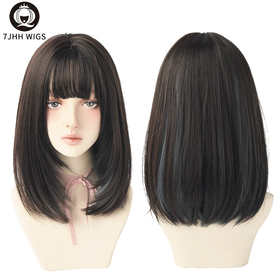 7JHHWIGS Long Straight Light Brown Synthetic Wig with Bangs – Heat-Resistant Daily Wear Wig for Women