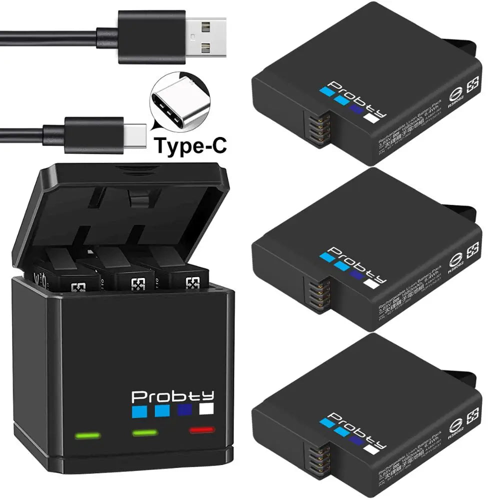 Original Probty Battery & Triple Charger for GoPro Hero 7/6/5 Black – Camera Power Accessory