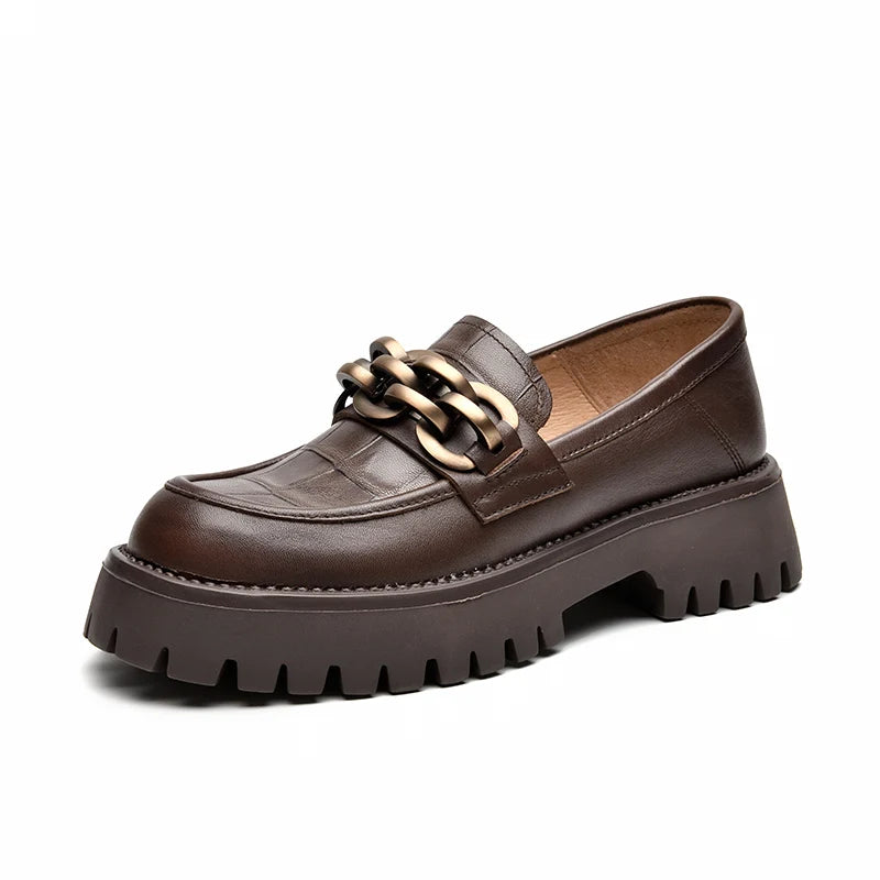 BeauToday Women’s Chunky Loafers – Genuine Leather Platform Slip-On Flats with Round Toe and Metal Chain, Handmade 27748