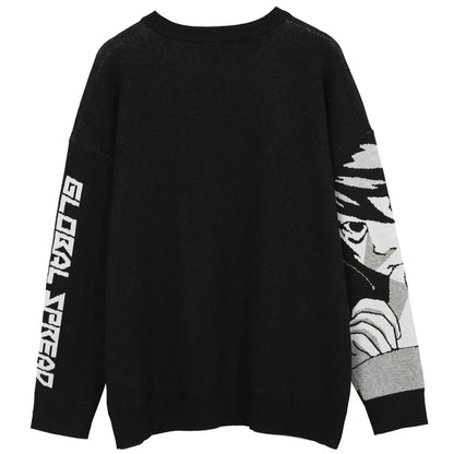 FGKKS Men's Anime Graphic Sweater - Vintage Harajuku Hip Hop Streetwear Cotton Knit Pullover