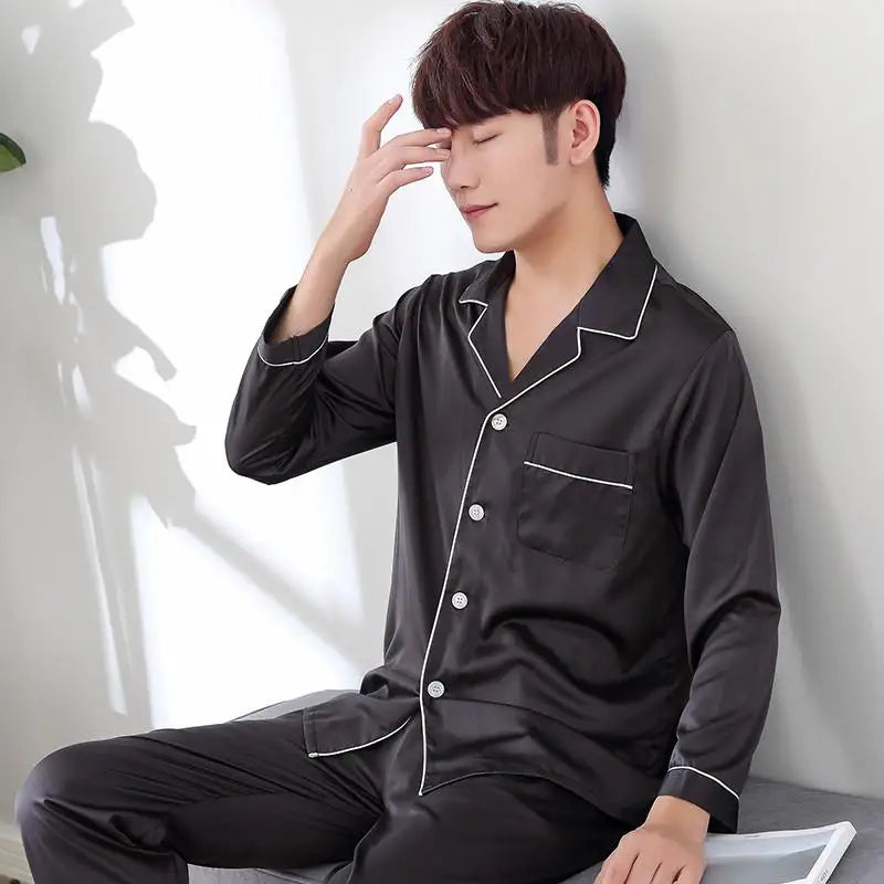 Solid Color Silk Satin Pajama Set – Long Button-Down Sleepwear for Couples, Women & Men Loungewear Plus Size
