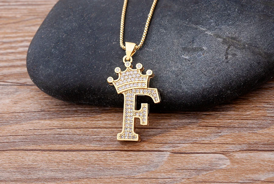 Nidin Luxury A-Z Crown Alphabet Pendant – Copper Zircon Initial Necklace Chain, Hip-Hop Style Jewelry for Men & Women