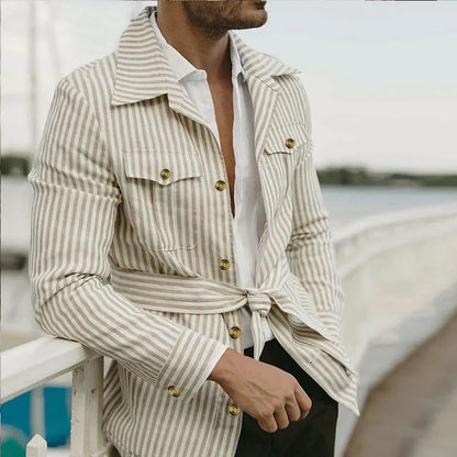 Men’s Spring Light Luxury Striped Long Sleeve Shirt with Pocket, Casual Button-Down Streetwear Shirt with Belt S–5XL 2025 Edition