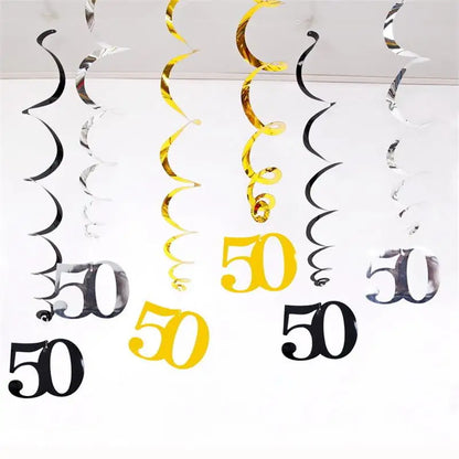 6pcs Spiral Birthday Swirls Hanging Ornaments - Black, Gold, Silver for 18, 21, 25, 30, 40, 50, 60, 70, 80, 90 Years Old, Birthday Decor