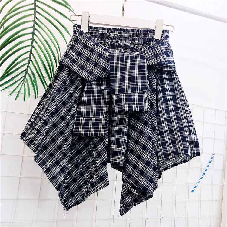 TOTRUST Women’s Fashion Asymmetrical Summer Plaid Mini Skirt – Casual College Style Fake Shirt Design