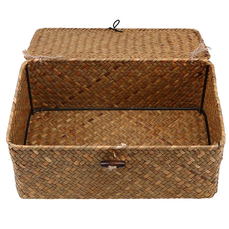 Rectangular Hand-Woven Rattan Wicker Storage Basket - Desktop Organizer for Sundries and Clothes Container