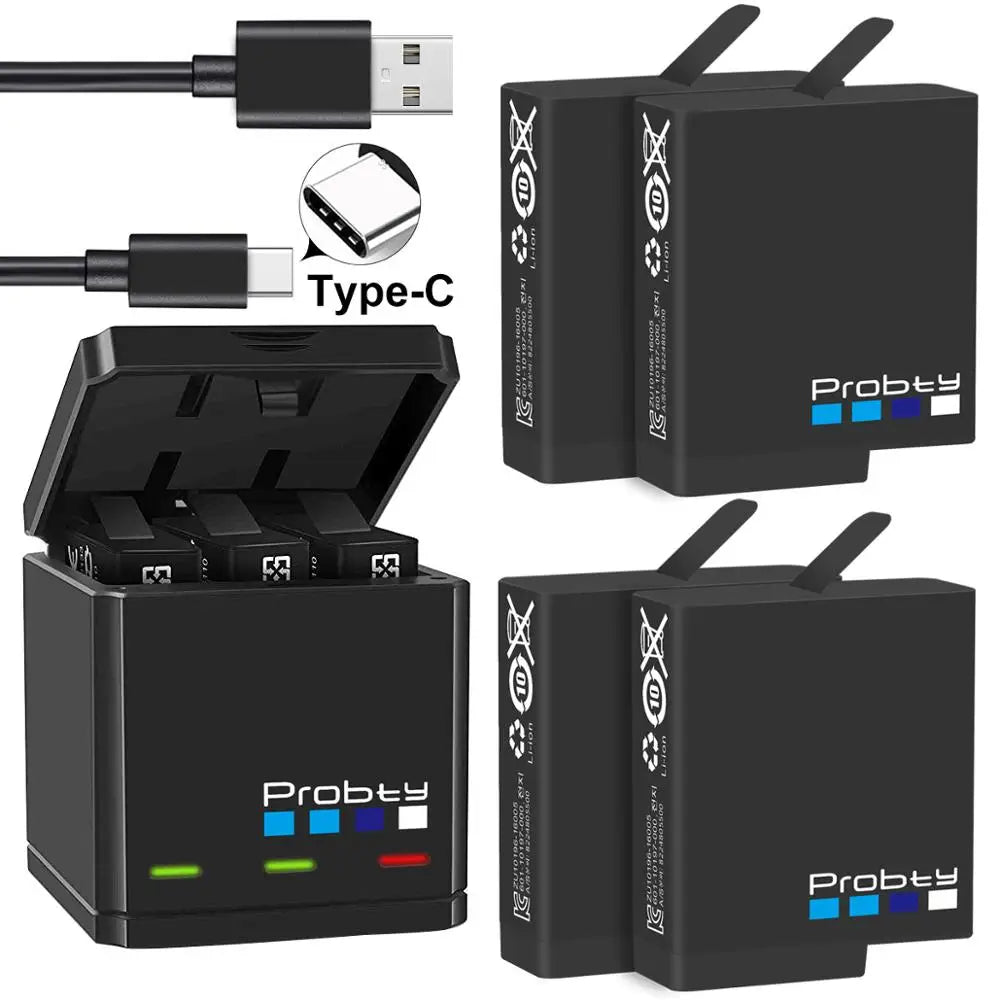Original Probty Battery & Triple Charger for GoPro Hero 7/6/5 Black – Camera Power Accessory