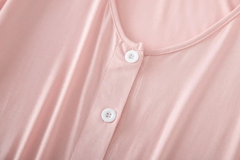 Women’s Modal Short-Sleeve Night Dress – Mid-Length Cotton Sleep Top with Buttons, Plus Size Pajamas