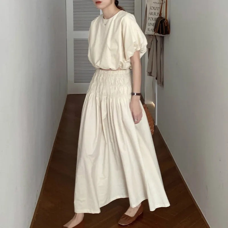 Oversized Summer Women’s 2-Piece Skirt Set – Puff Sleeve Crop Top & Pleated A-Line Long Skirt