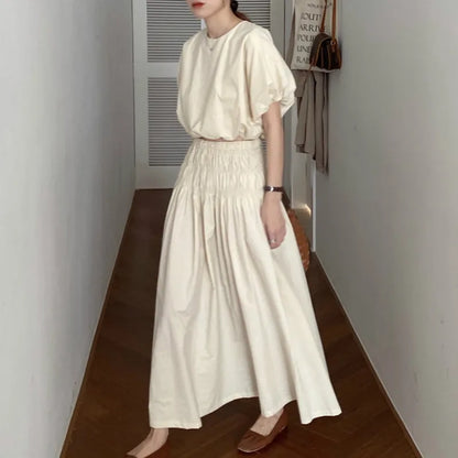 Oversized Summer Women’s 2-Piece Skirt Set – Puff Sleeve Crop Top & Pleated A-Line Long Skirt