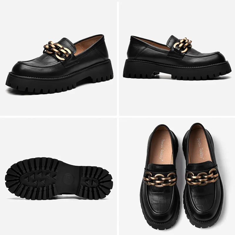 BeauToday Women’s Chunky Loafers – Genuine Leather Platform Slip-On Flats with Round Toe and Metal Chain, Handmade 27748