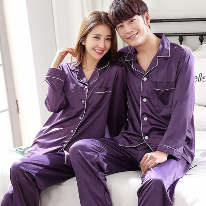 Solid Color Silk Satin Pajama Set – Long Button-Down Sleepwear for Couples, Women & Men Loungewear Plus Size