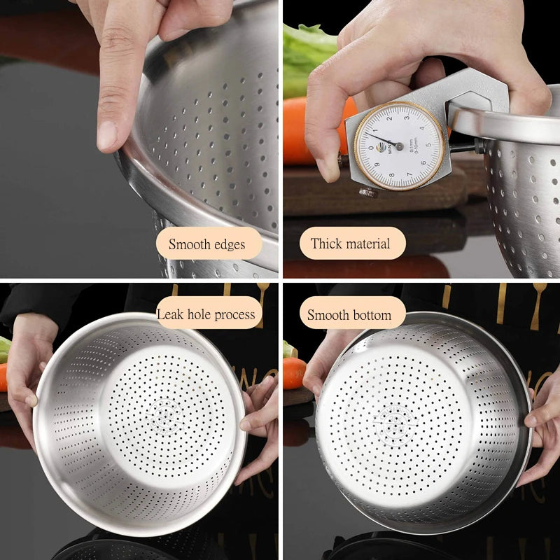 Stainless Steel Drain Basket Colander – Round Rice Cleaning Sieve & Fruit Vegetable Washing Strainer for Kitchen Use
