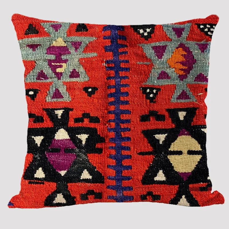 Bohemian Linen Cushion Cover – Multicolor Ethnic Geometric Pattern Decorative Pillow for Living Room Sofa