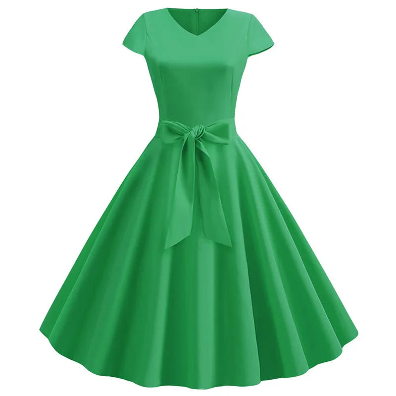 Women Vintage Summer Dress - V Neck Short Sleeve Swing Party Dress With Belt