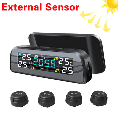 Solar TPMS Tire Pressure Monitoring System – 4-Wheel External Sensors with Temperature Alarm for Car Tyre Safety