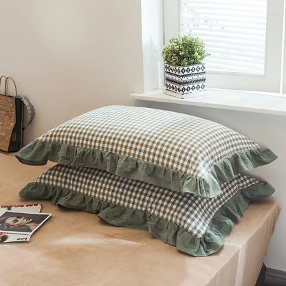 2 Pack 48x74cm Plaid Washed Cotton Pillowcases – Super Soft Ruffled Bedding Covers for Home & Dorm Decor