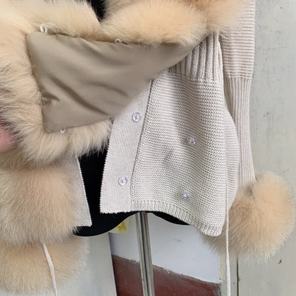 Women’s Spring & Autumn Sweater Cardigan – Real Fox Fur Collar Jacket, Natural Fur Outerwear