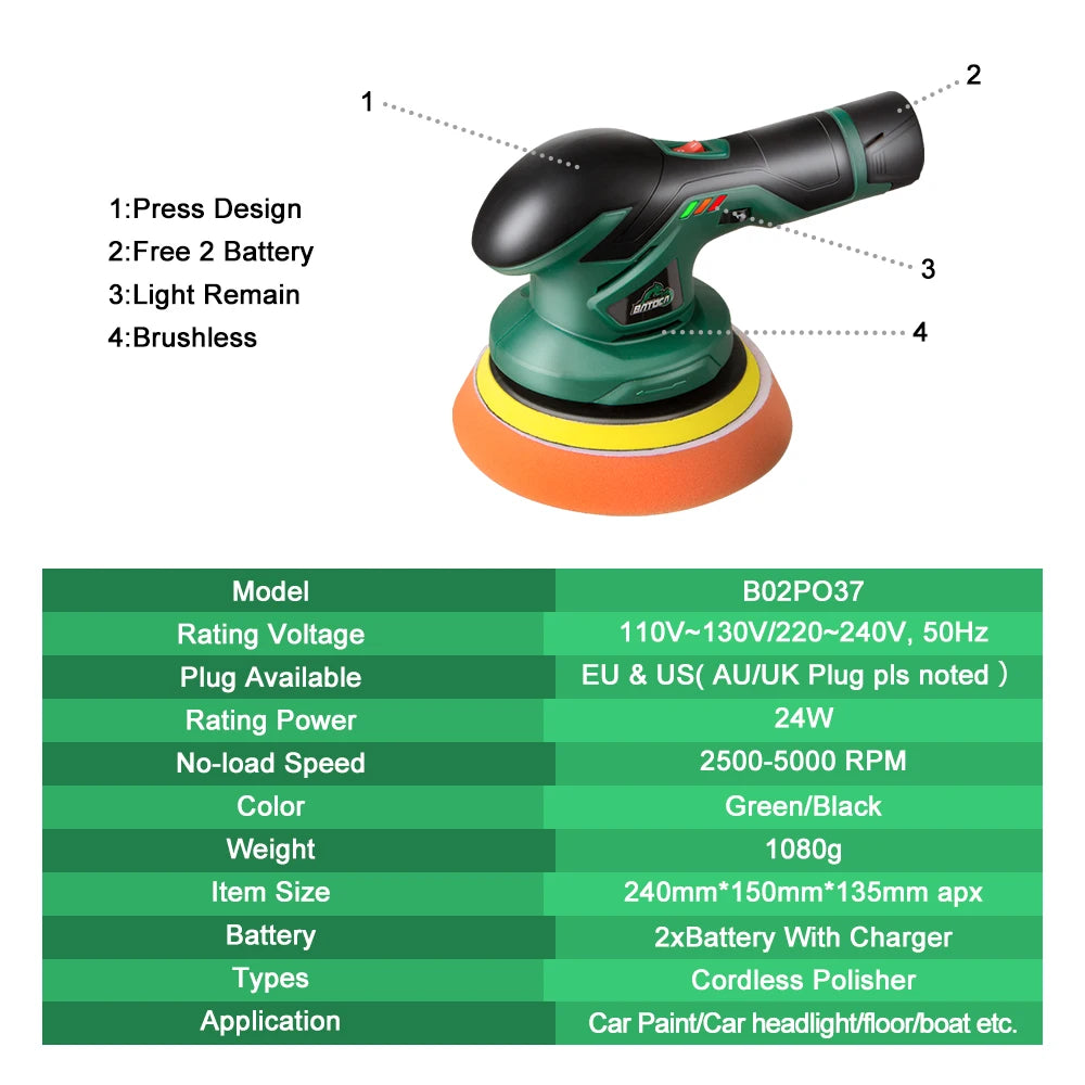 BATOCA Cordless 12V Dual Action Car Polisher – Wireless Brushless Auto Buffer with 2×2.0Ah Lithium Batteries for Car Detailing