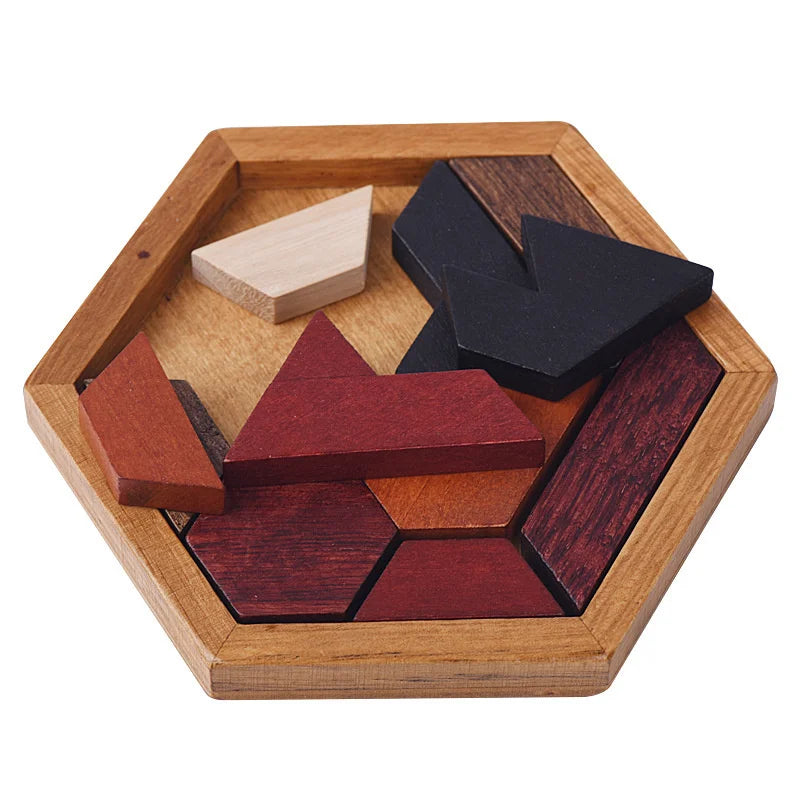 Hexagonal Wooden Puzzles – IQ Brain Teaser Game, Educational Tangram Toy for Kids & Adults, Montessori Gift for Cognitive Development