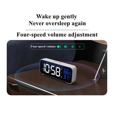 Music Alarm Clock with Temperature Humidity Display: Voice Control/Always On Table & Wall Clock - Dual Alarm, Rechargeable Digital LED Clocks