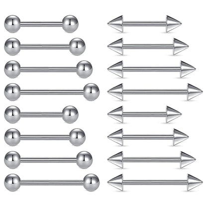 16pcs Stainless Steel Piercing Barbells - 14G Nipple Rings Tongue Rings Straight Bar Jewelry for Women Men