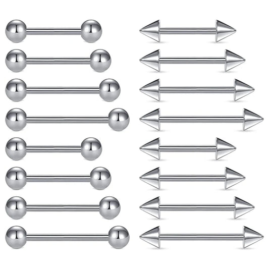 16pcs Stainless Steel Piercing Barbells - 14G Nipple Rings Tongue Rings Straight Bar Jewelry for Women Men