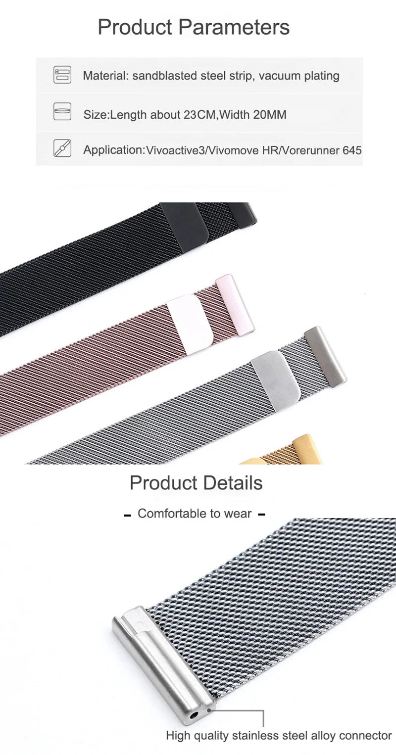 18mm-22mm Metal Watch Strap – Milanese Loop Bracelet for Garmin Vivoactive, Venu, Forerunner & SQ Series