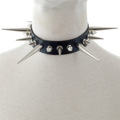 Punk Long Spike Choker – Studded Faux Leather Collar for Men & Women, Goth Rivet Necklace