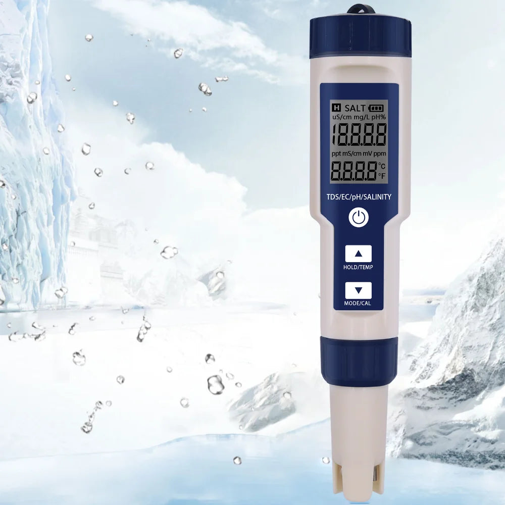 5 in 1 PH Meter Water Quality Tester - Digital TDS, EC, PH, Salinity & Temperature Meter for Pools & Aquariums with Backlight